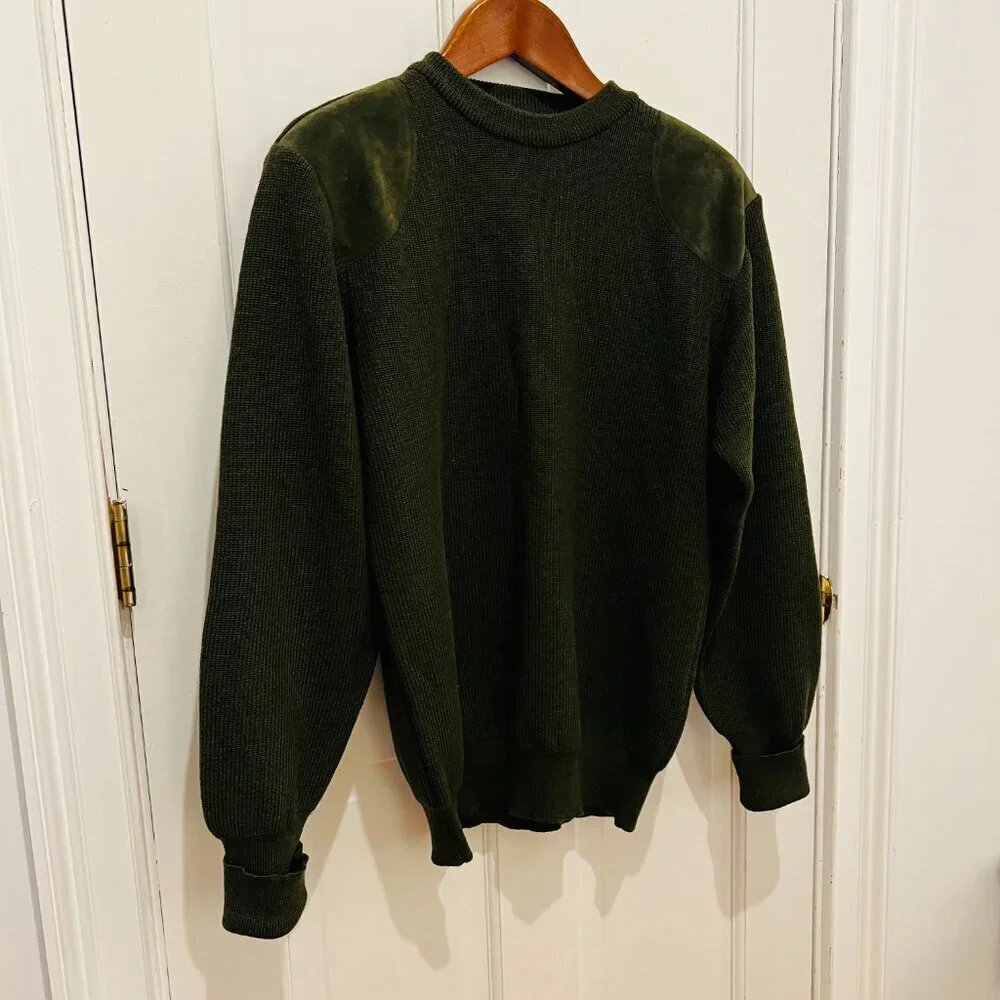Barbour 100% Wool Suede leather Shoulder & Elbow Patch Gun Sweater Size Medium
